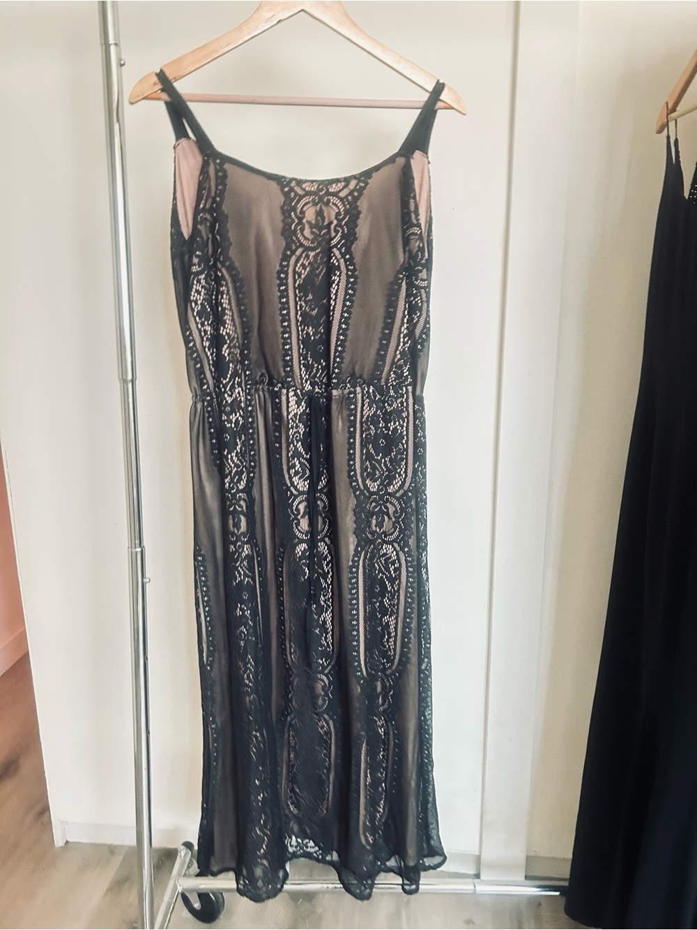 Adelyn Rae Black Sheer Overlay Maxi Dress with Nude Lining